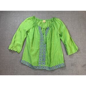 Ella Moss Blouse Top Boho Hippie Green Embroidered Floral Cotton Silk Blend XS